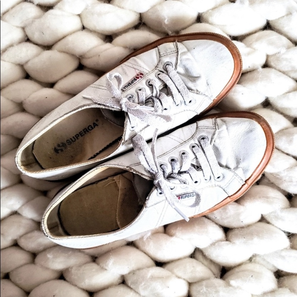 Superga White Leather Lace Up Low Top Sneakers Size EU 39
